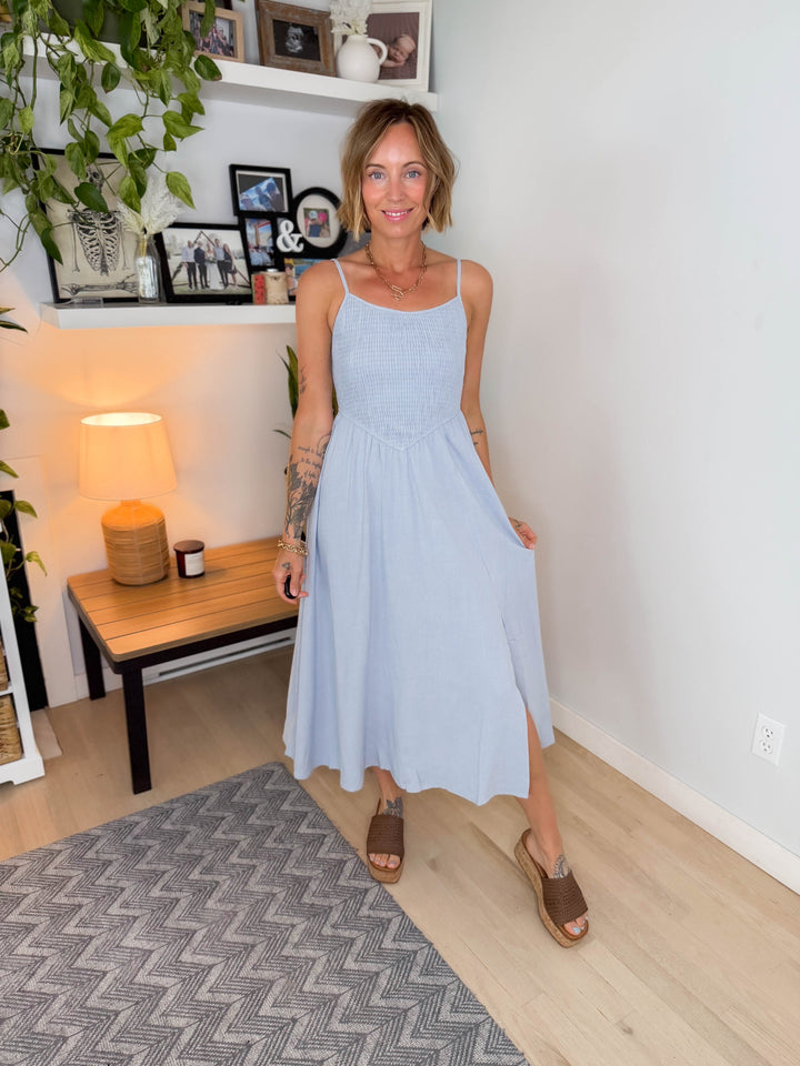 Zona Smocked Midi Dress- LIGHT BLUE