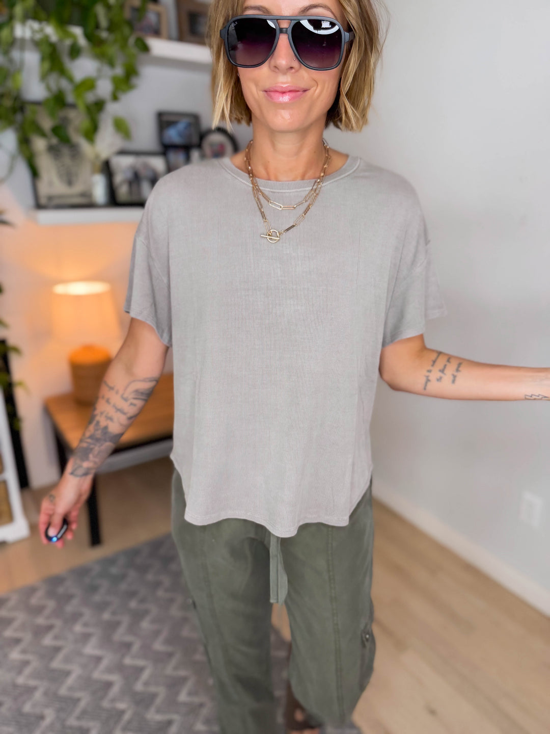 Wild Sage Drop Shoulder Ribbed Tee- GREY BROWN