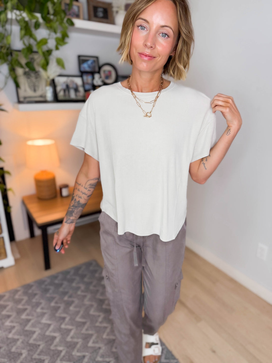 Wild Sage Drop Shoulder Ribbed Tee- NATURAL
