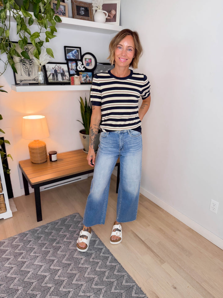 Dockside Classic Short Sleeve Sweater Top- NAVY
