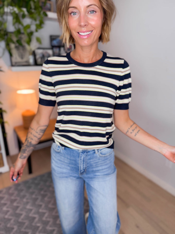 Dockside Classic Short Sleeve Sweater Top- NAVY