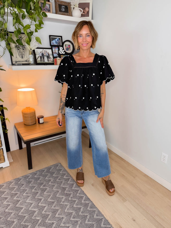 Orabelle Daisy Cotton Embroidered Blouse- BLACK