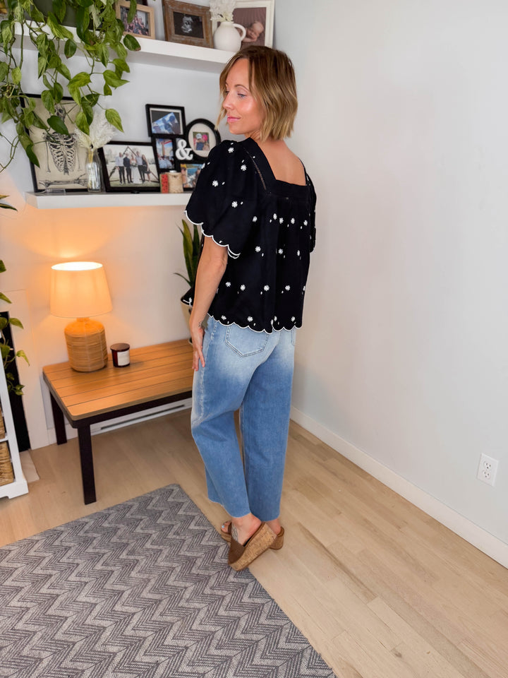 Orabelle Daisy Cotton Embroidered Blouse- BLACK