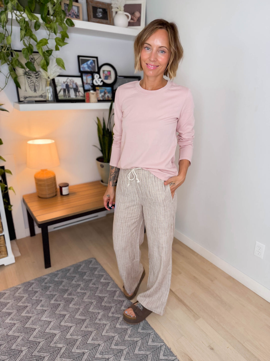 Yuna Wide Leg Linen Striped Pants- BROWN