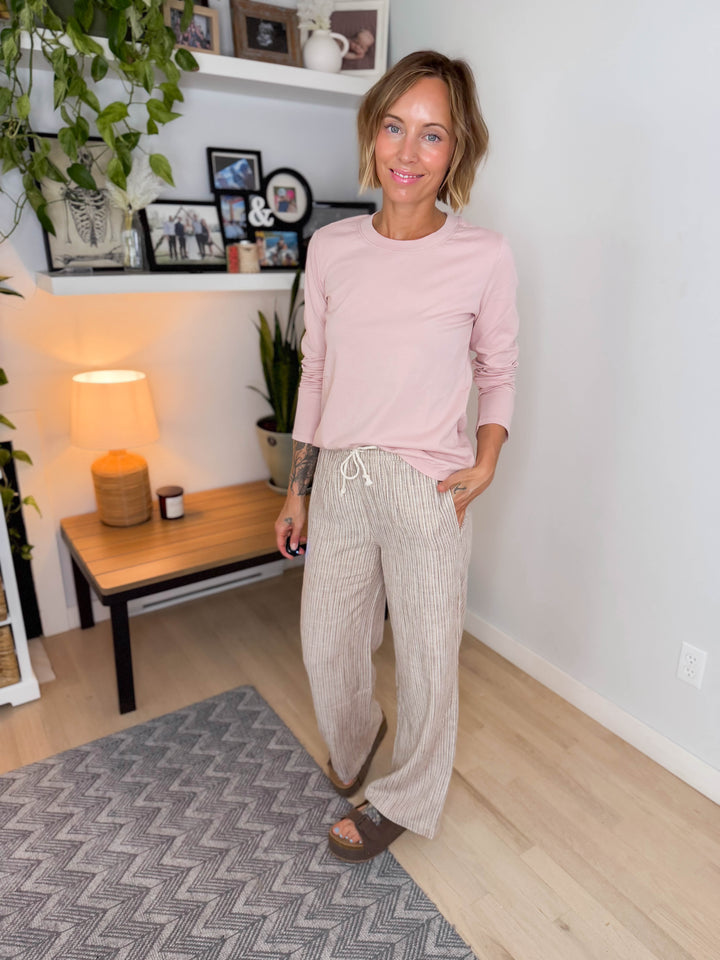 Yuna Wide Leg Linen Striped Pants- BROWN