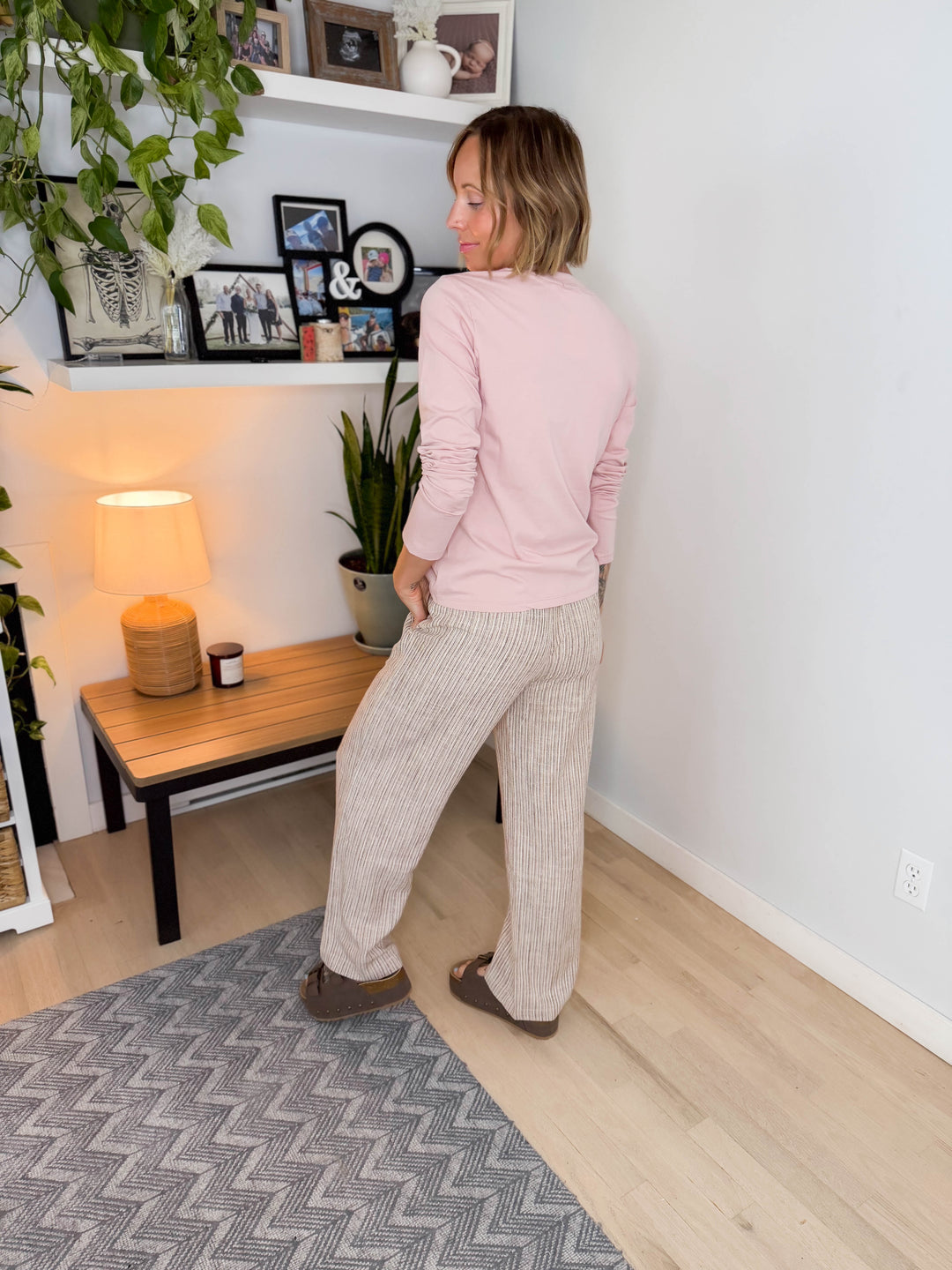 Yuna Wide Leg Linen Striped Pants- BROWN