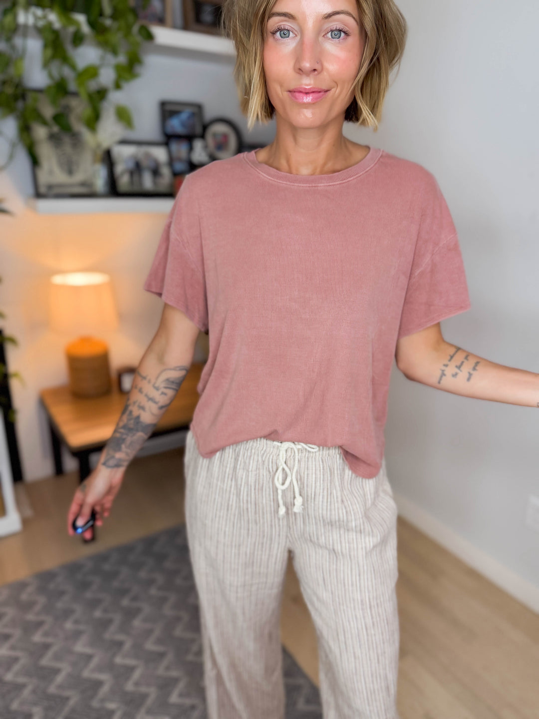 Wild Sage Drop Shoulder Ribbed Tee- TERRACOTTA