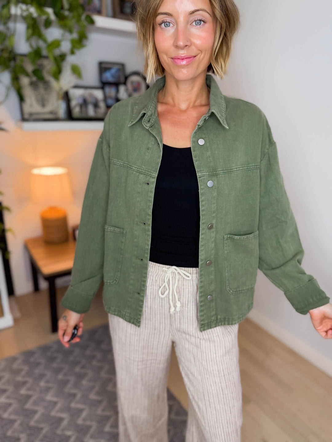 Genevieve Washed Cotton Twill Jacket- OLIVE