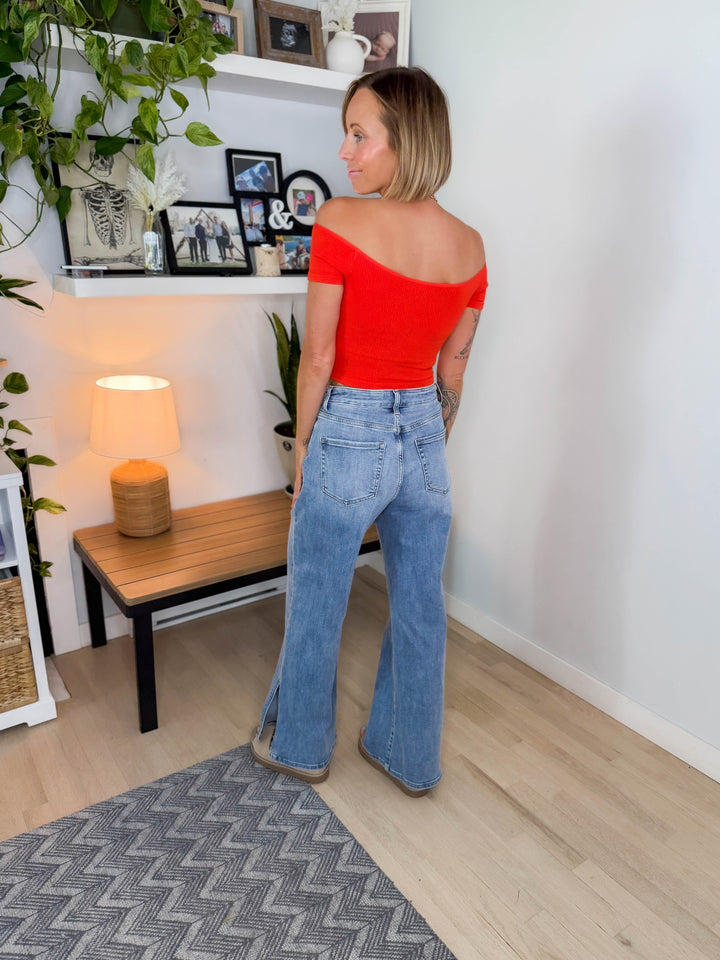 Gwen Tie Waist Wide Leg Slit Stretch Jean- MEDIUM DENIM