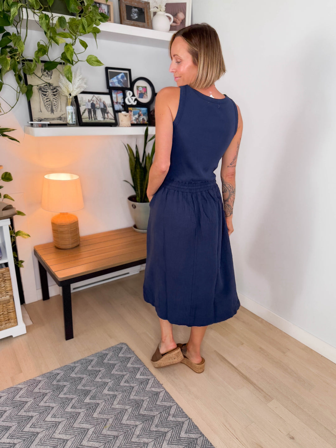 Ocean Bloom Cotton Tank Dress- NAVY