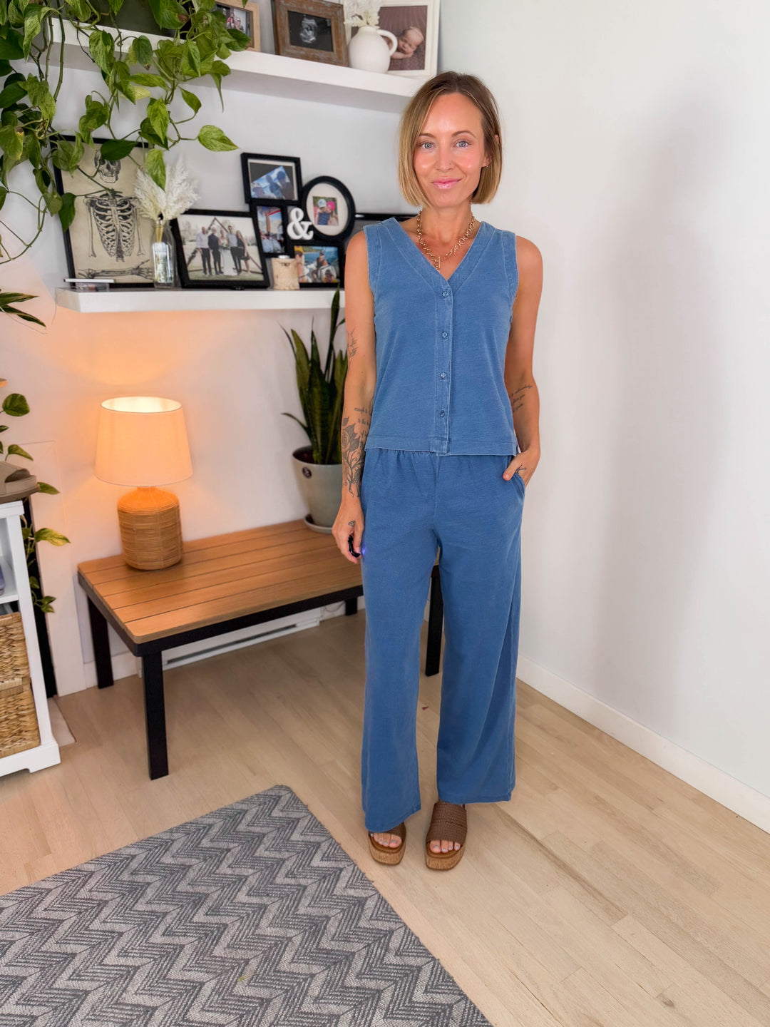 Tara Wide Leg Pants & Vest Top Cotton Set- DARK DENIM