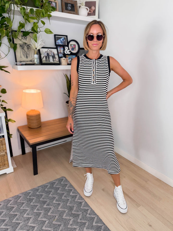Georgie Stripe Henley Midi Dress- BLACK