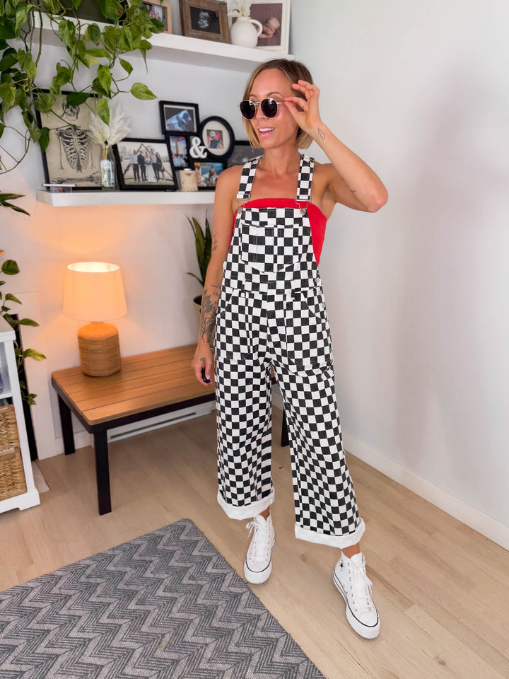 Game Day Checkered Overalls- BLACK