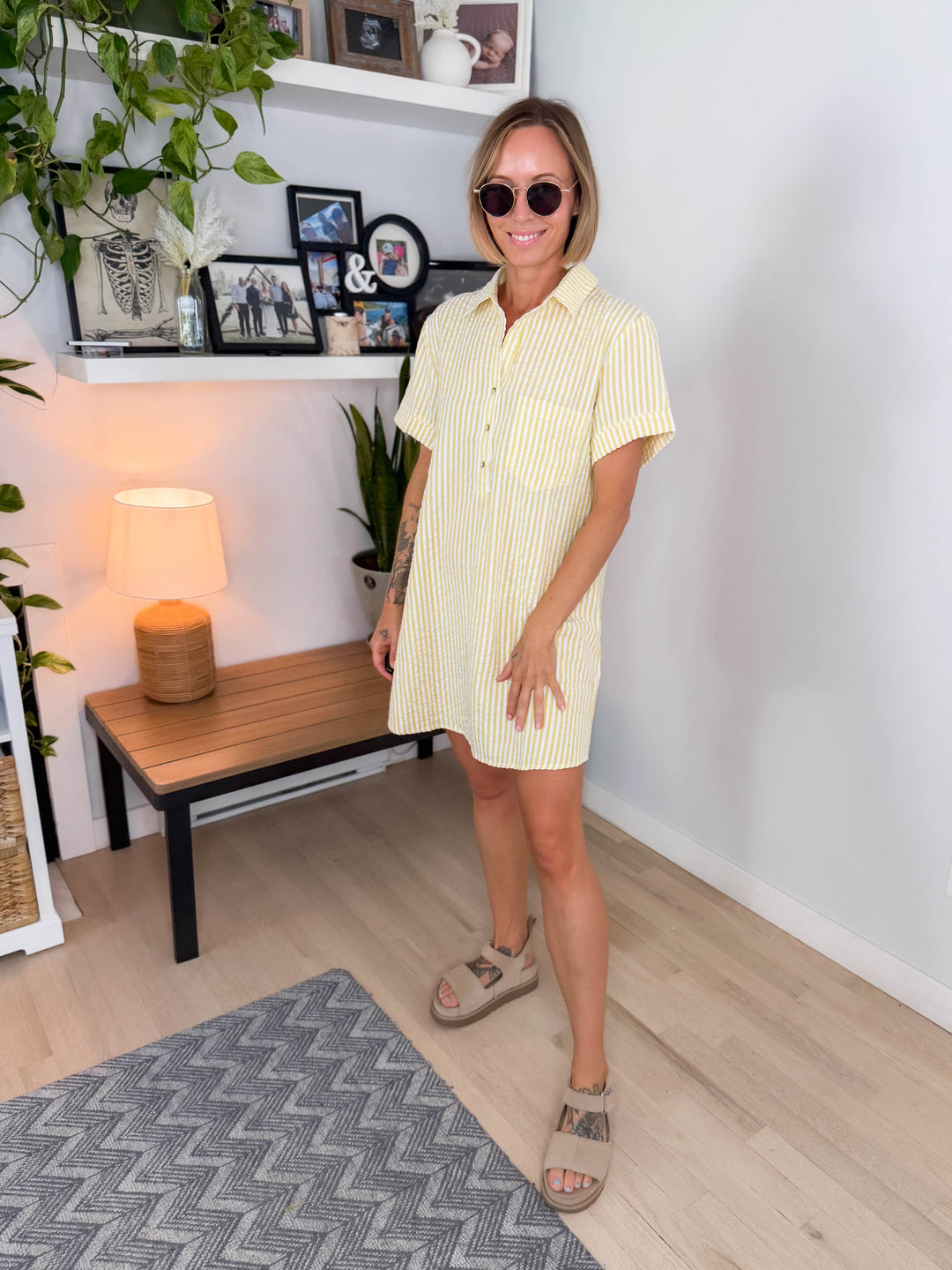 Marina Mae Seeksucker Dress- LEMON/WHITE