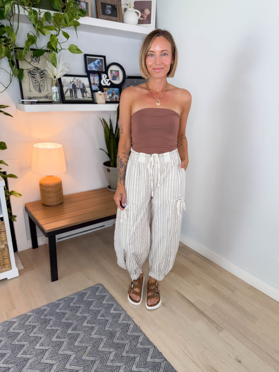 Paradise Palm Linen Blend Harem Jogger- OATMEAL