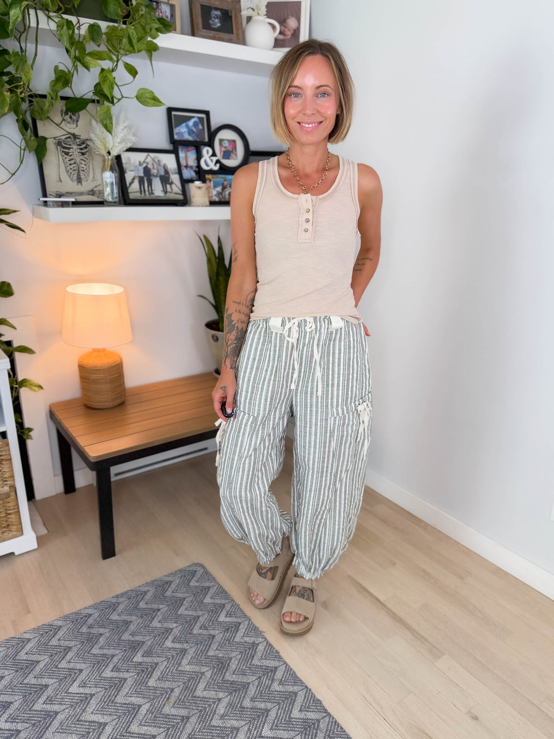 Tropical Breeze Ribbed Henley Tank- BEIGE