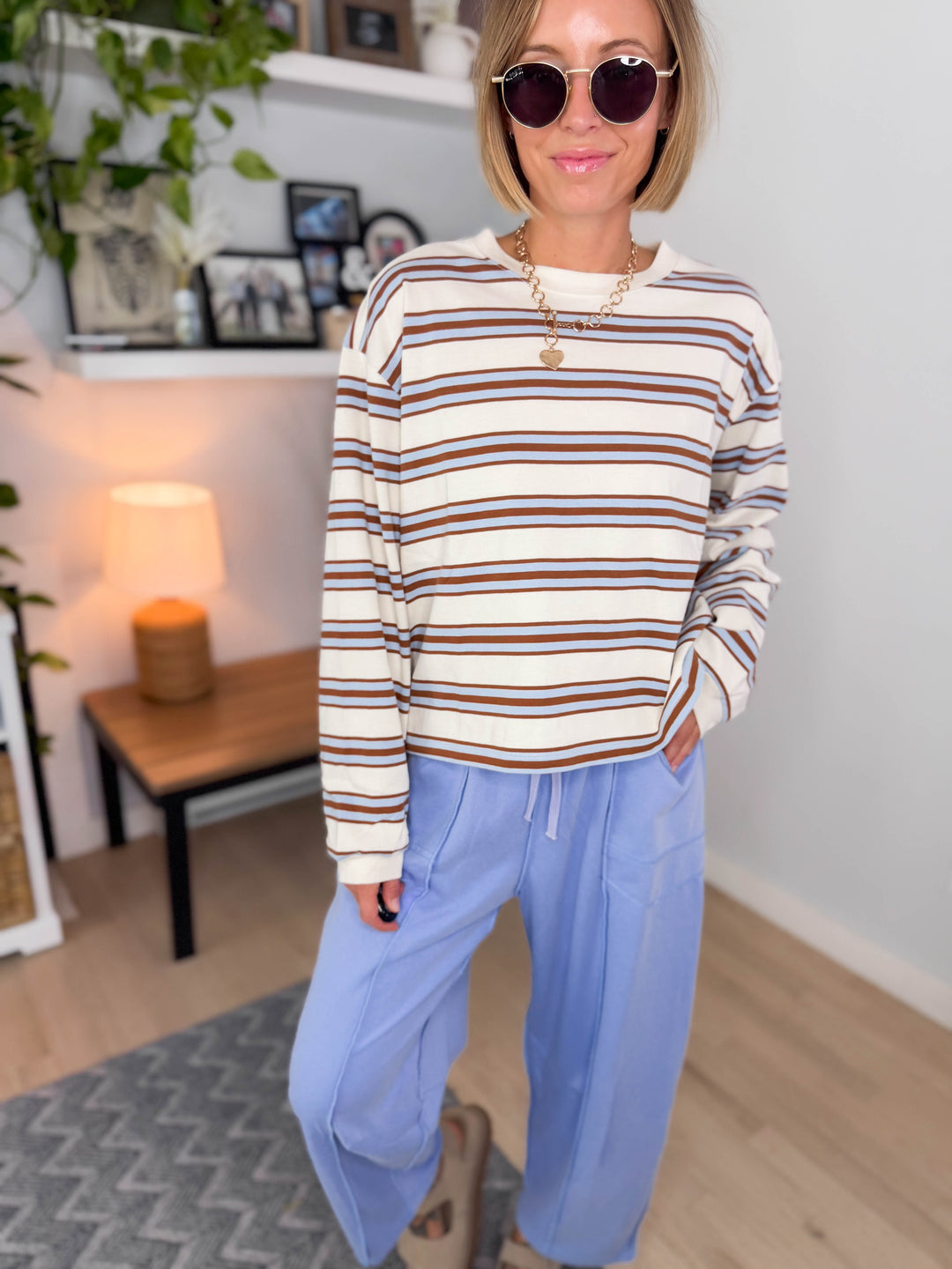 Daisee Stripe Cotton Crewneck- BLUE CAMEL