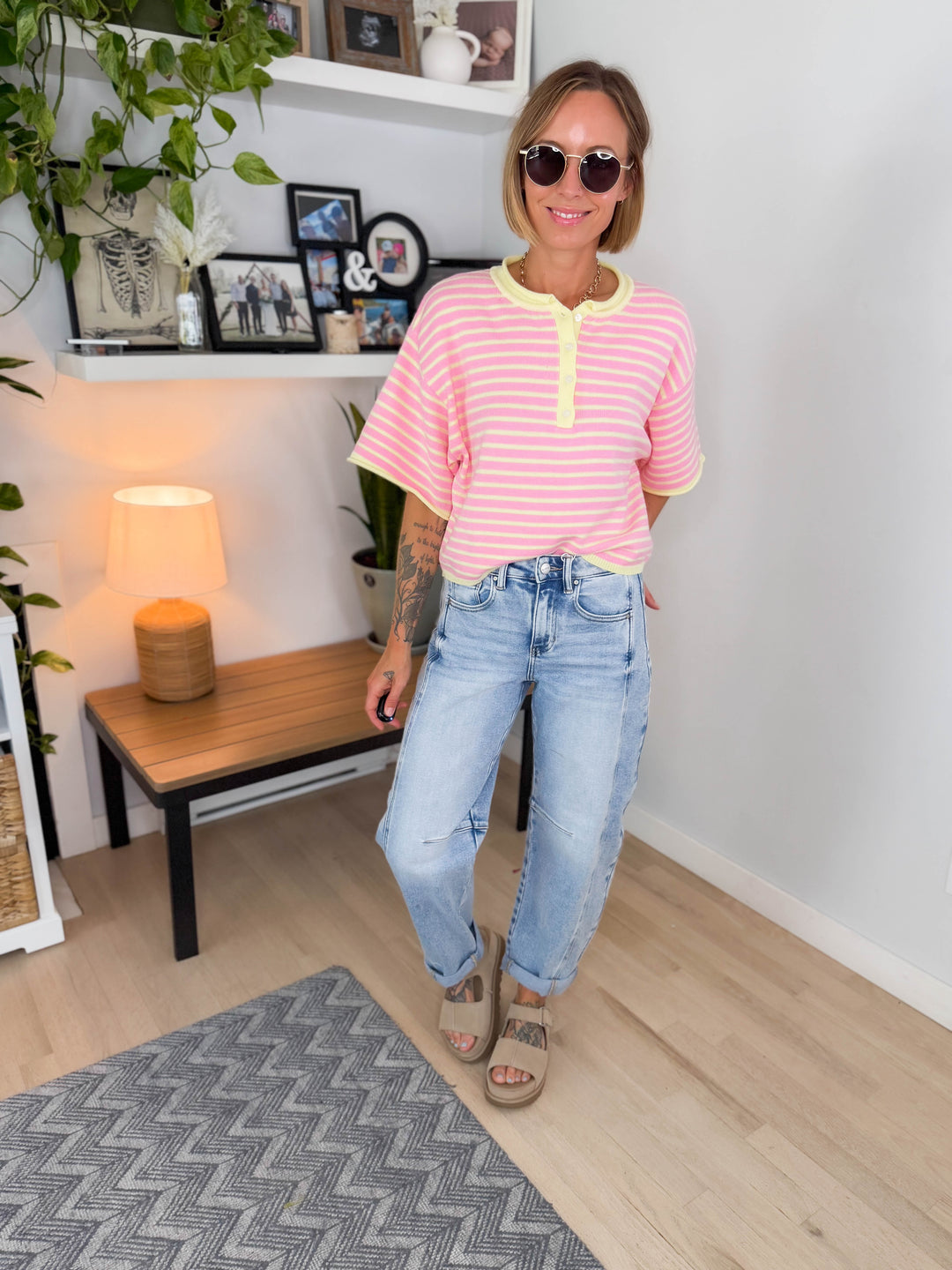Palmer Striped Short Sleeve Henley- PINK LEMONADE