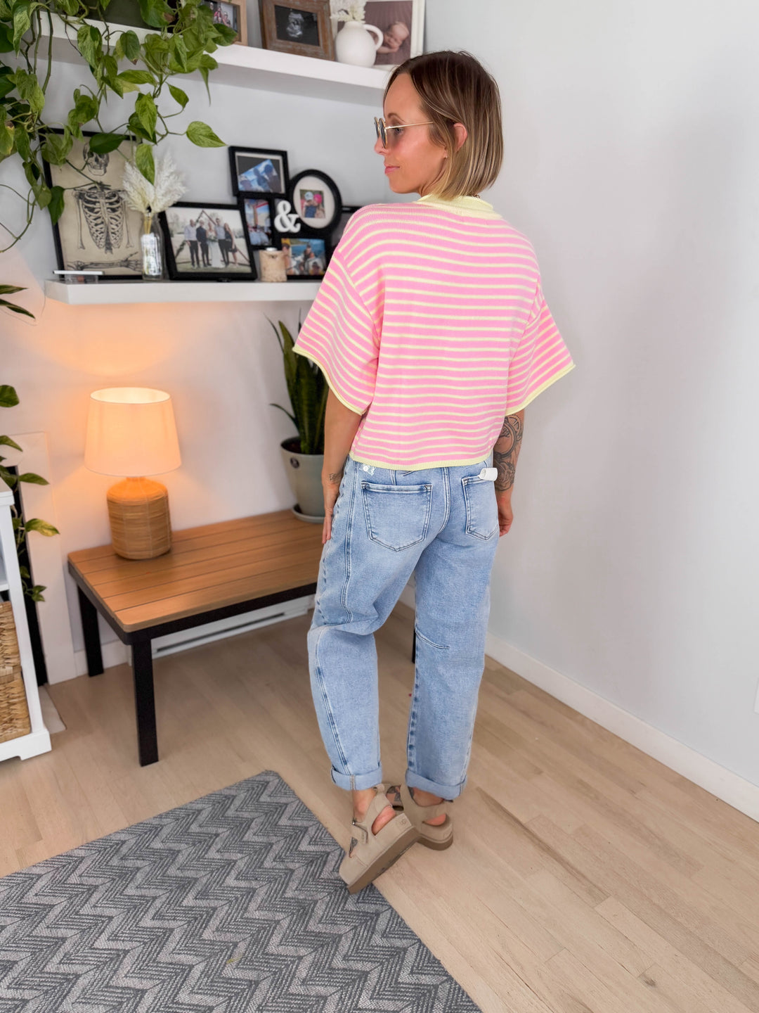 Palmer Striped Short Sleeve Henley- PINK LEMONADE