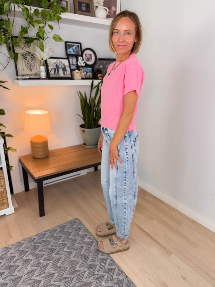 Nova Crew Neck Cropped T-Shirt- HTHR FUCHSIA