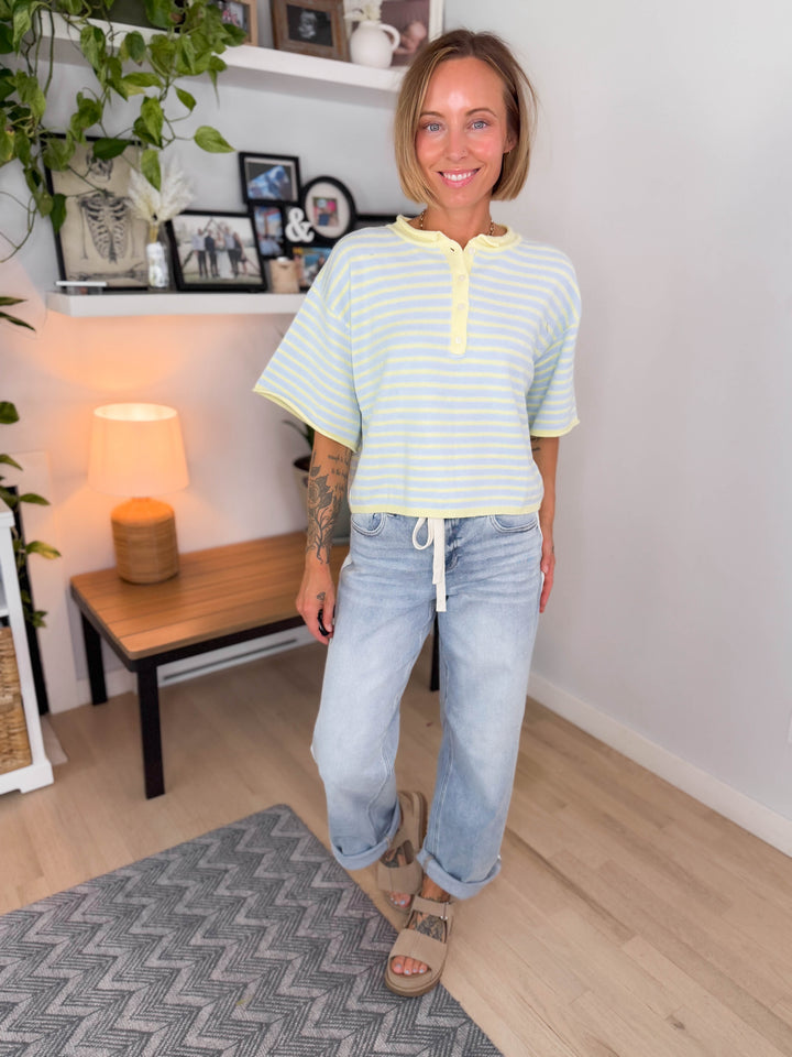 Palmer Striped Short Sleeve Henley- BLUE LEMONADE