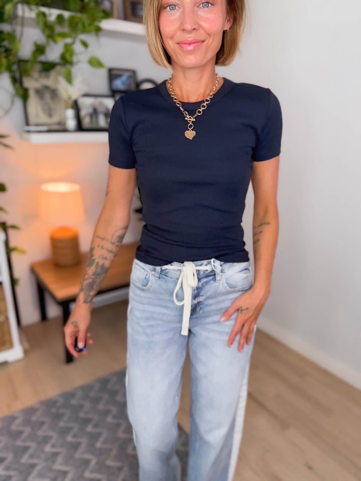 Only Val Organic Cotton Short Sleeve Top- NIGHT SKY