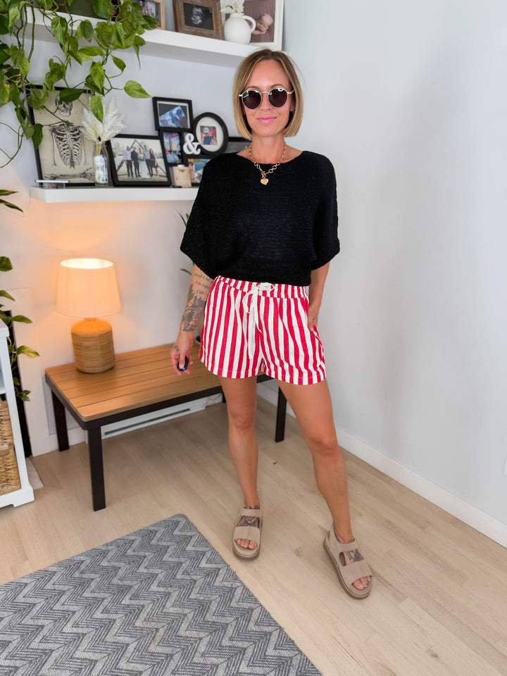 Maria Stripe Twill Denim Shorts- RED