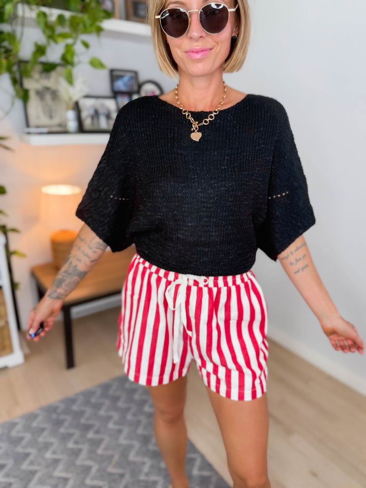 Maria Stripe Twill Denim Shorts- RED