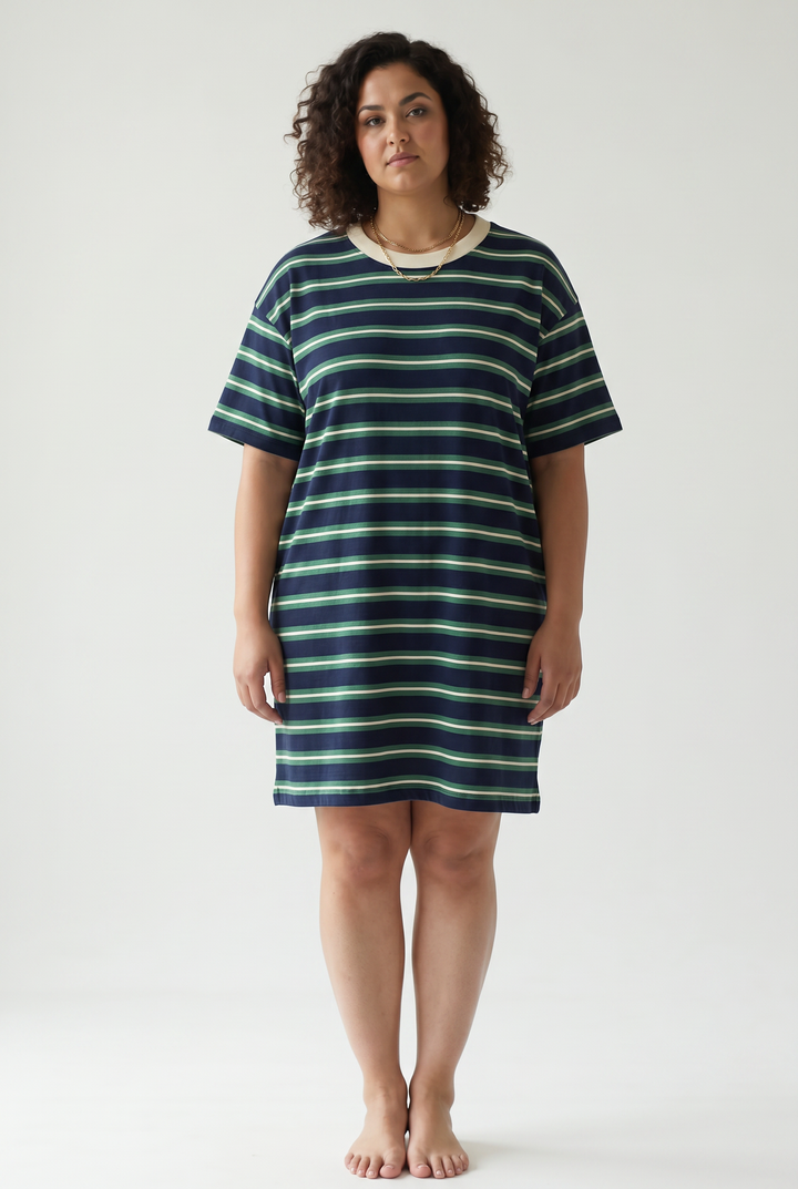 Drift Stripe Short Sleeve T-Shirt Dress- NAVY MULTI
