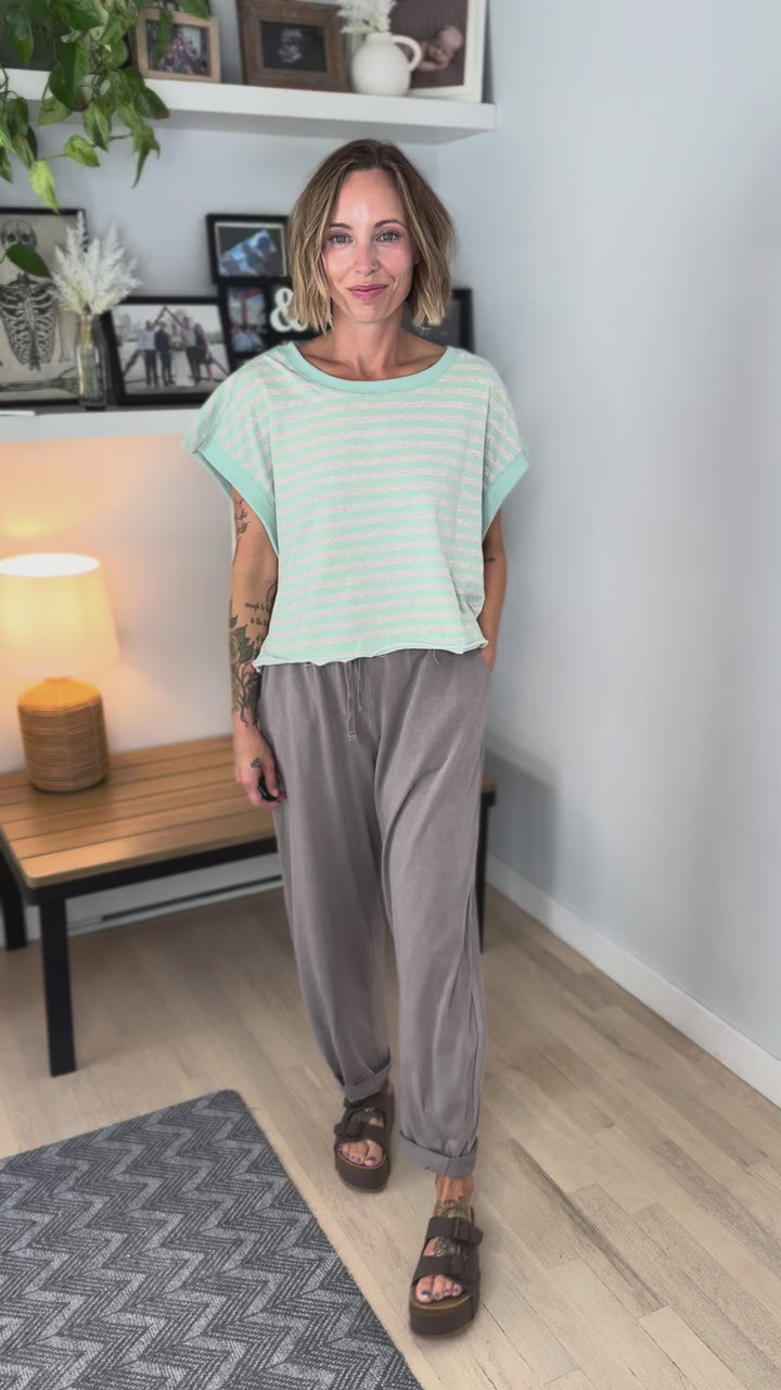 Melissa Striped Terry Open Back Top- MINT/HEATHER OATMEAL