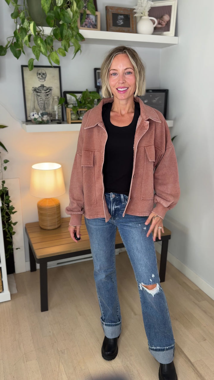 Ryanne Washed Fleece Shacket- RUST