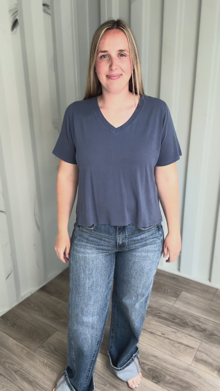 Mono B Raya Pima Cotton V-Neck Tee- OCEAN