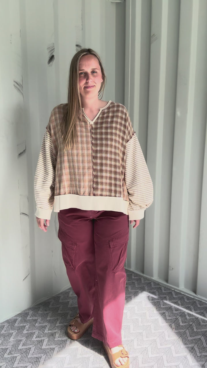 Sorrenta Oversized Plaid Mix Pullover- LATTE