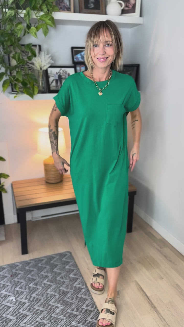 Yara Stretch Cotton Midi Dress- GREEN
