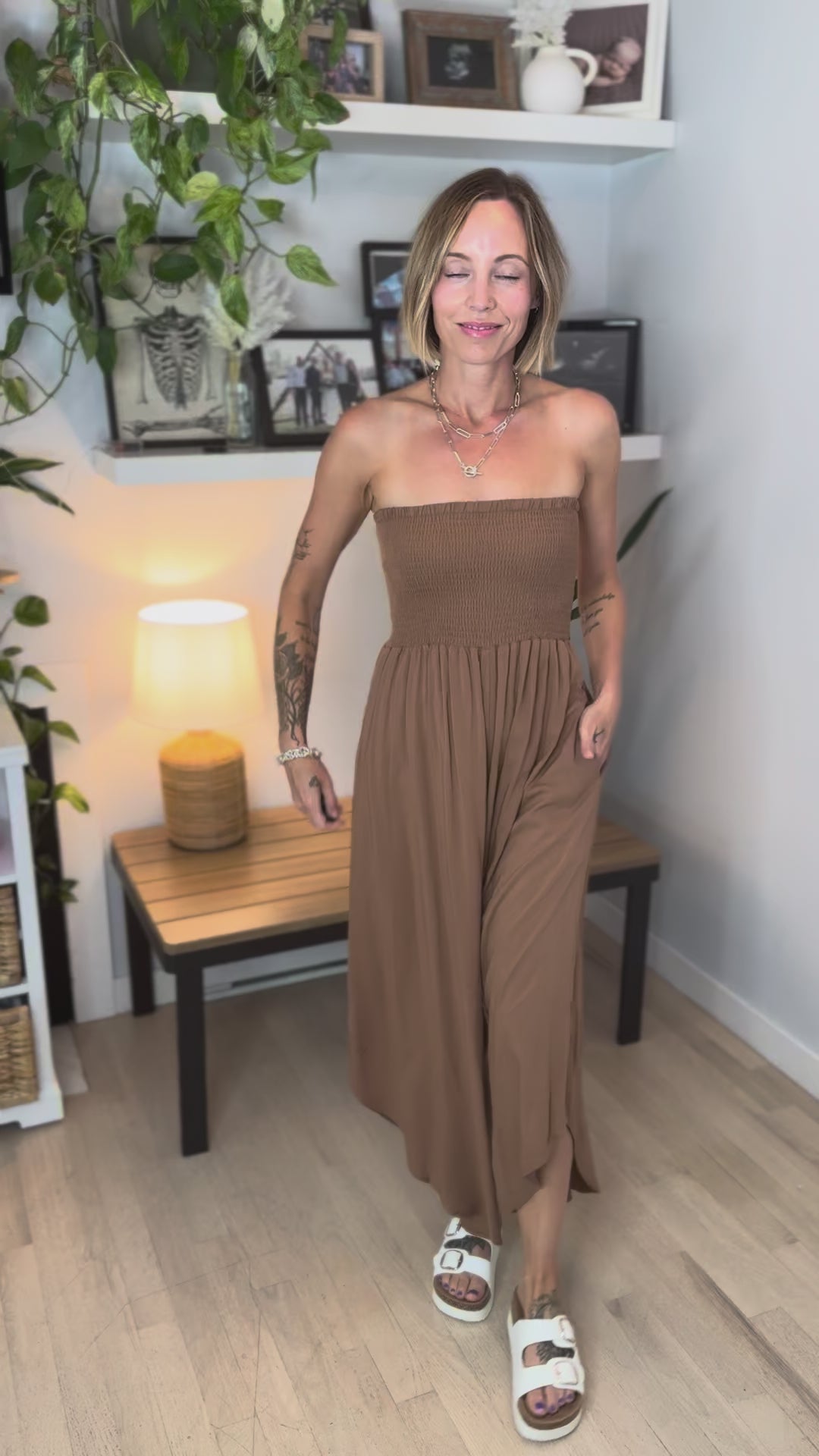 Quiver Strapless Wide Leg Jumpsuit- AMBER BROWN