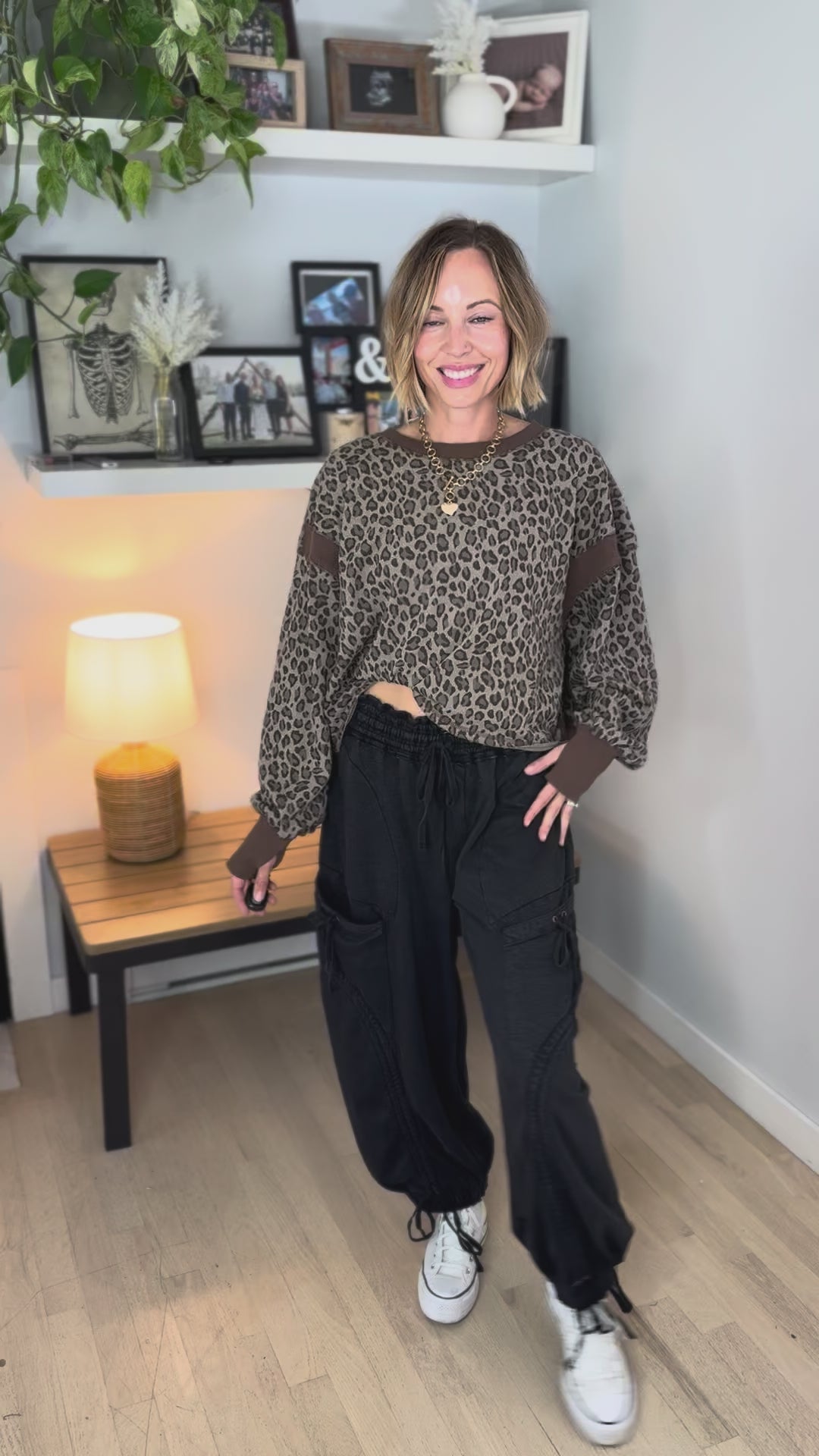 Wilder Animal Print Open Back Long Sleeve- STONE