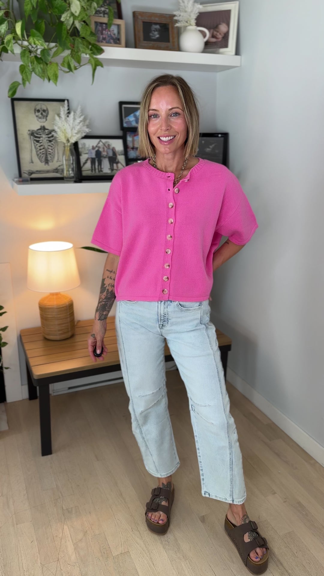 Bette Button Up Sweater Top- HIBISCUS