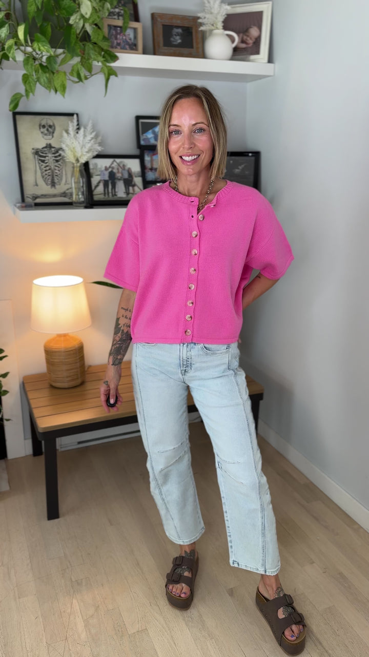 Bette Button Up Sweater Top- HIBISCUS