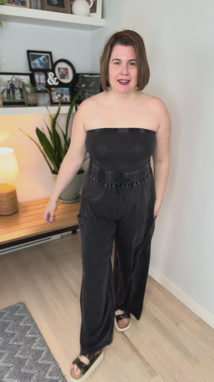 Whitney Strapless Cargo Jumpsuit- BLACK