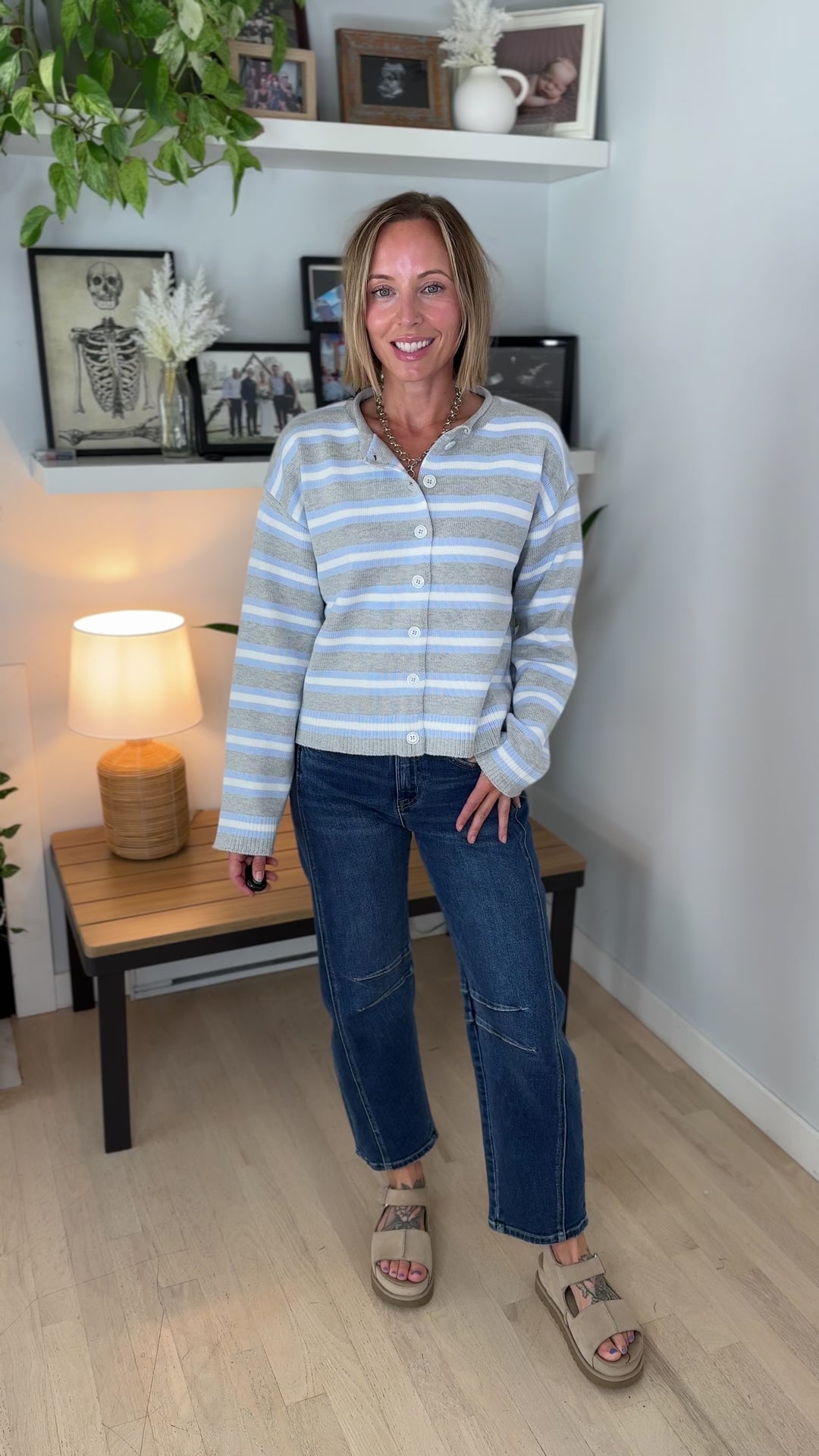 Maggie Striped Button Up Long Sleeve Sweater- HEATHER GREY COMBO