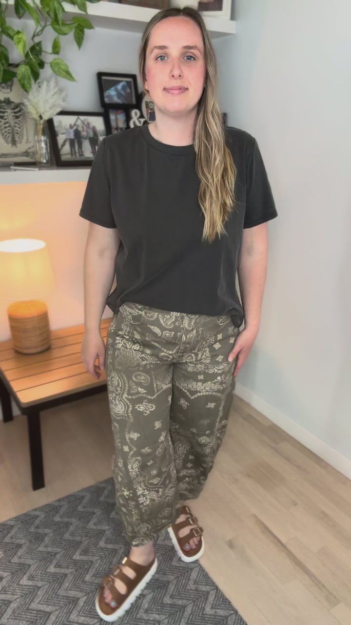 Lettie Mineral Washed Paisley Printed Barrel Jeans- VINTAGE ARMY