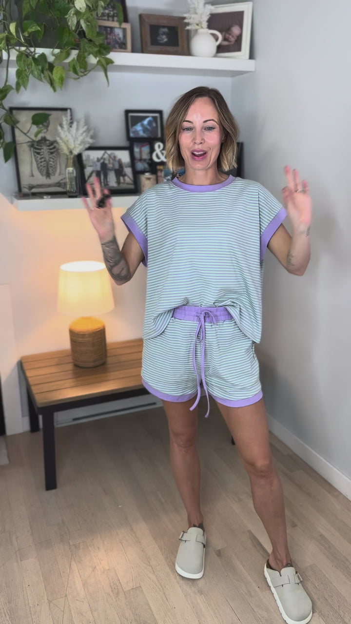 Haillie Striped Knit Top and Shorts Set- MINT/LILAC