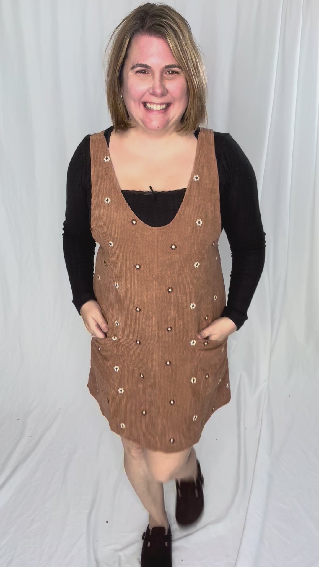 Posies Floral Embroidered Corduroy Jumper Dress- CARAMEL