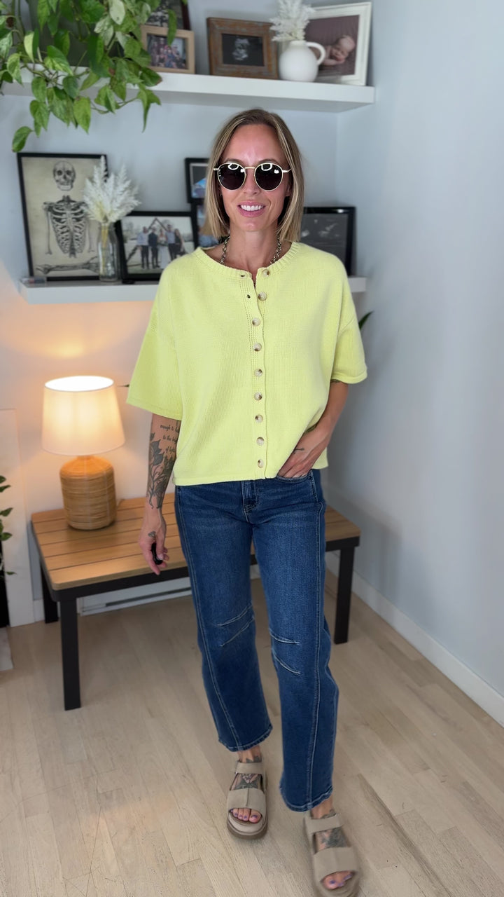 Bette Button Up Sweater Top- LEMON