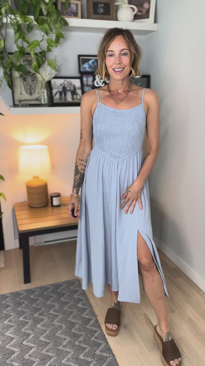 Zona Smocked Midi Dress- LIGHT BLUE