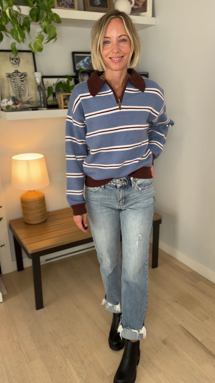 Hawthorn Polo 1/4 Zip Sweater- BROWN/BLUE-FINAL SALE