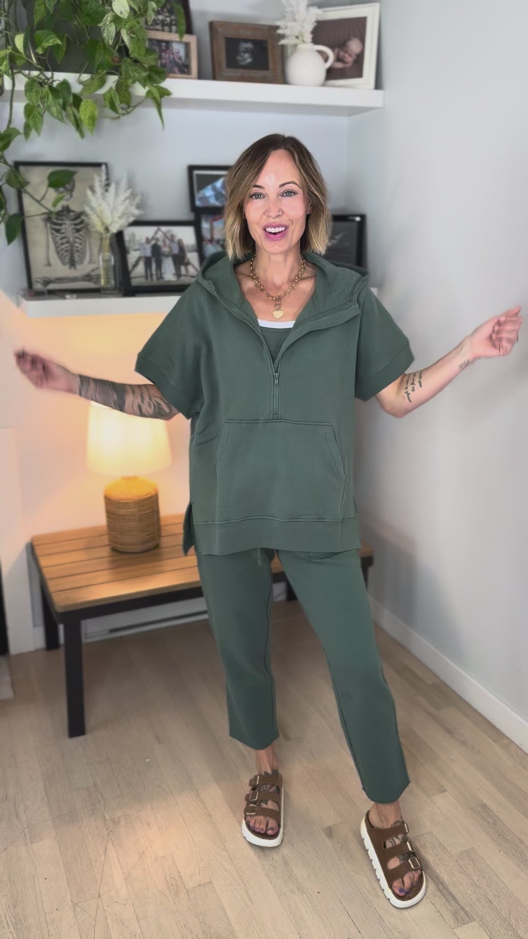 Mono B Sonata Malibu Short Sleeve Half Zip Hoodie- ELDERGREEN