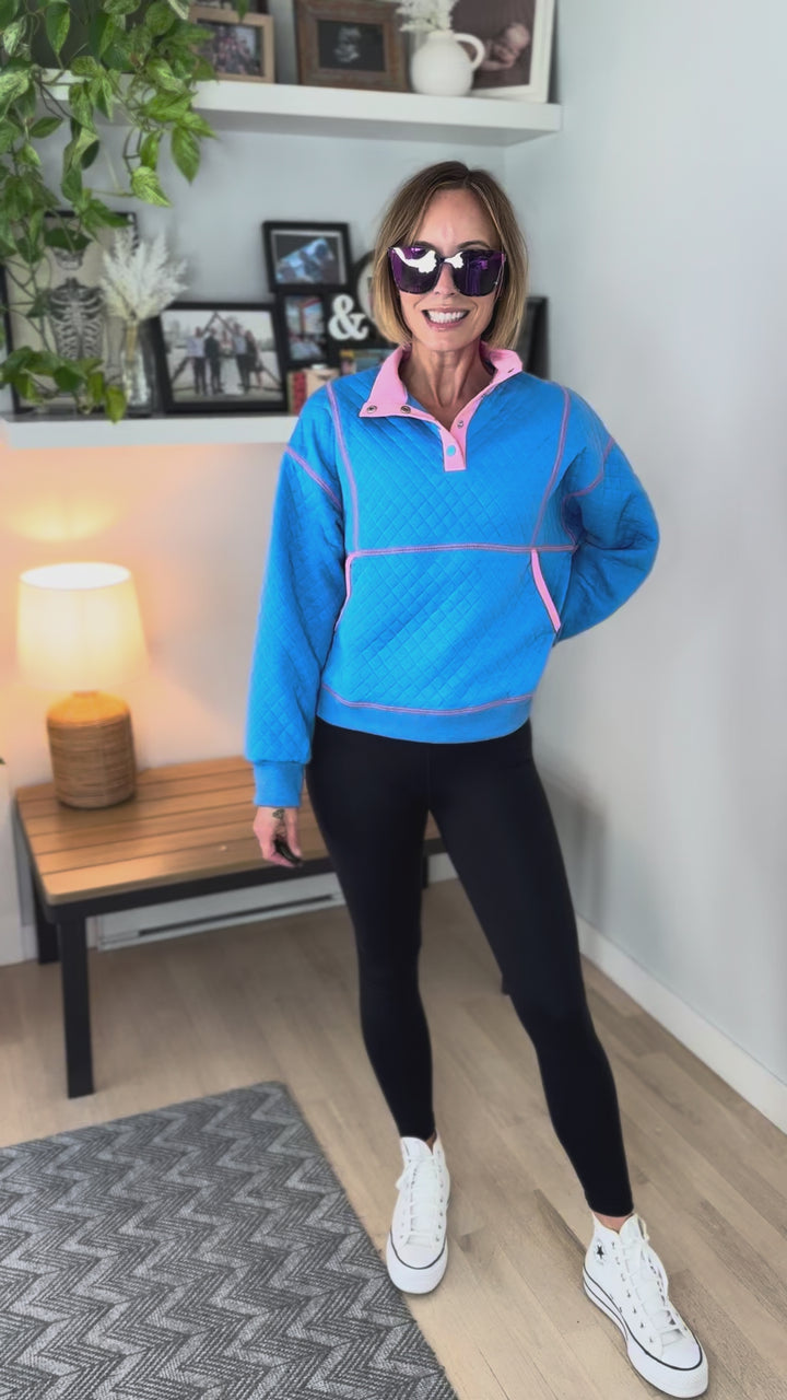 Teigan Quilted Snap Pullover- ROYAL BLUE/PINK