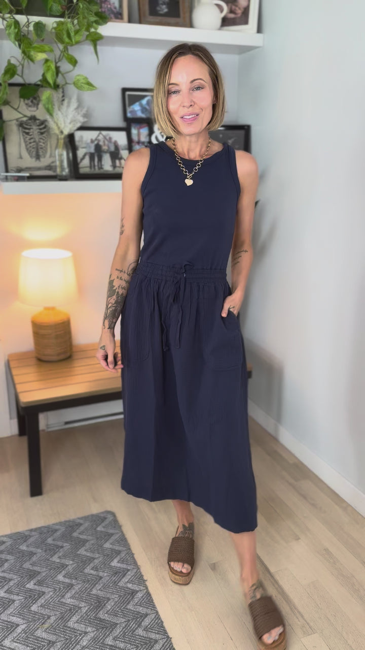 Ocean Bloom Cotton Tank Dress- NAVY
