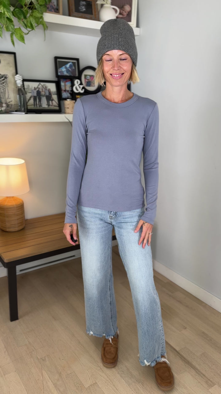 Tansy Basic Crewneck Longsleeve Knit Top- VINTAGE BLUE-FINAL SALE